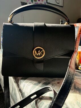 Michael Kors Black Saffiano Leather Top-Handle Satchel with Gold MK Emblem